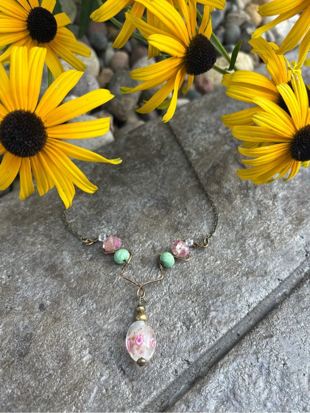 Handmade Pink & Mint Beaded Necklace, Bracelet & Earring Set